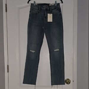 Classic Blue Straight Leg Jeans with Knee Distressing